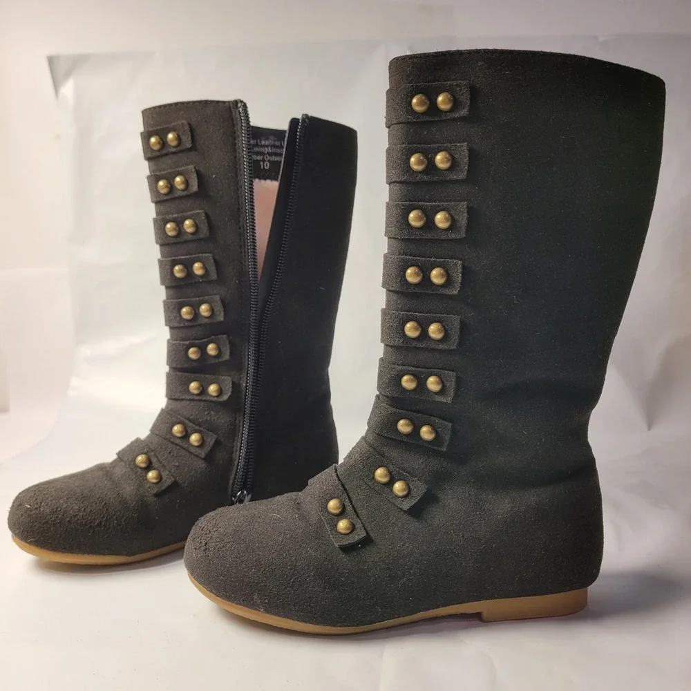LIVEMIA Tall Boots Kids Black Studded Microfiber Leather Faux Fur Lined Size 10